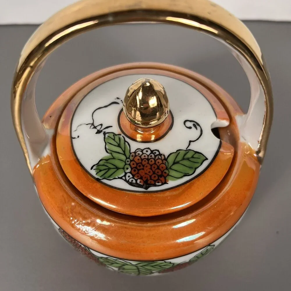 VTG Orange Hand Painted Peach‎ Lusterware Jam/Jelly Jar Strawberry Design Japan